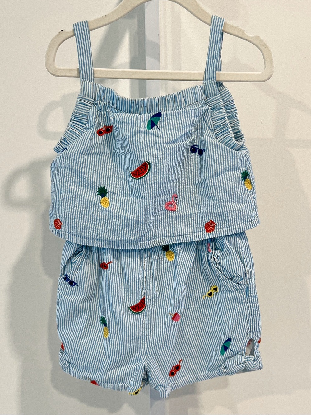 Boden Blue and White Seersucker Striped Embroidered Summer Romper Toddler Sz 3-4
